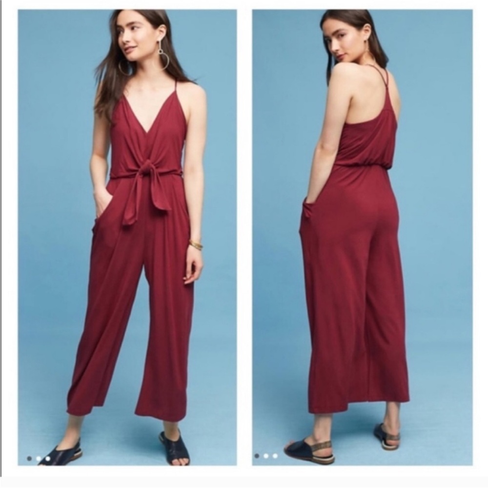 Anthropologie Willa WILLA Tie Waist Burgundy Red Draped Jumpsuit Large